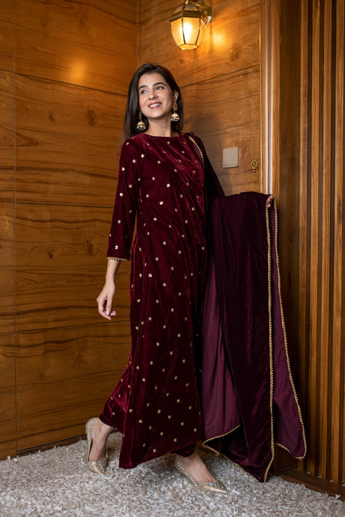 Women's Maroon Velevet A Line Kurta Set