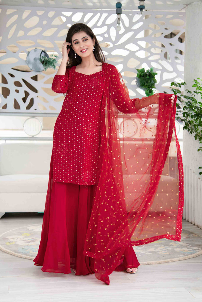 Women's Red Georgette Palazzo Suit Set With Net Dupatta (3 Pc Set)