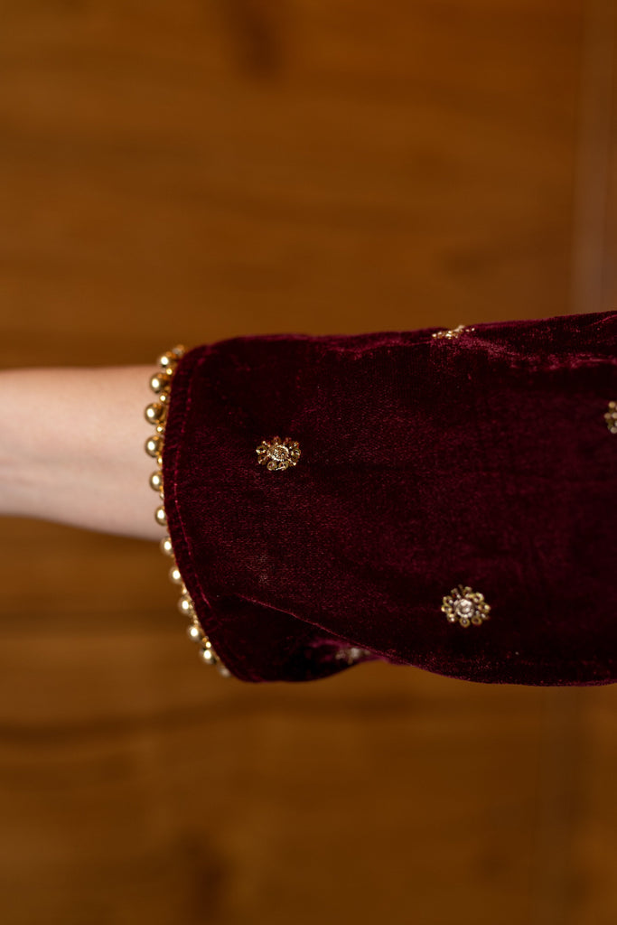 Women's Maroon Velevet A Line Kurta Set