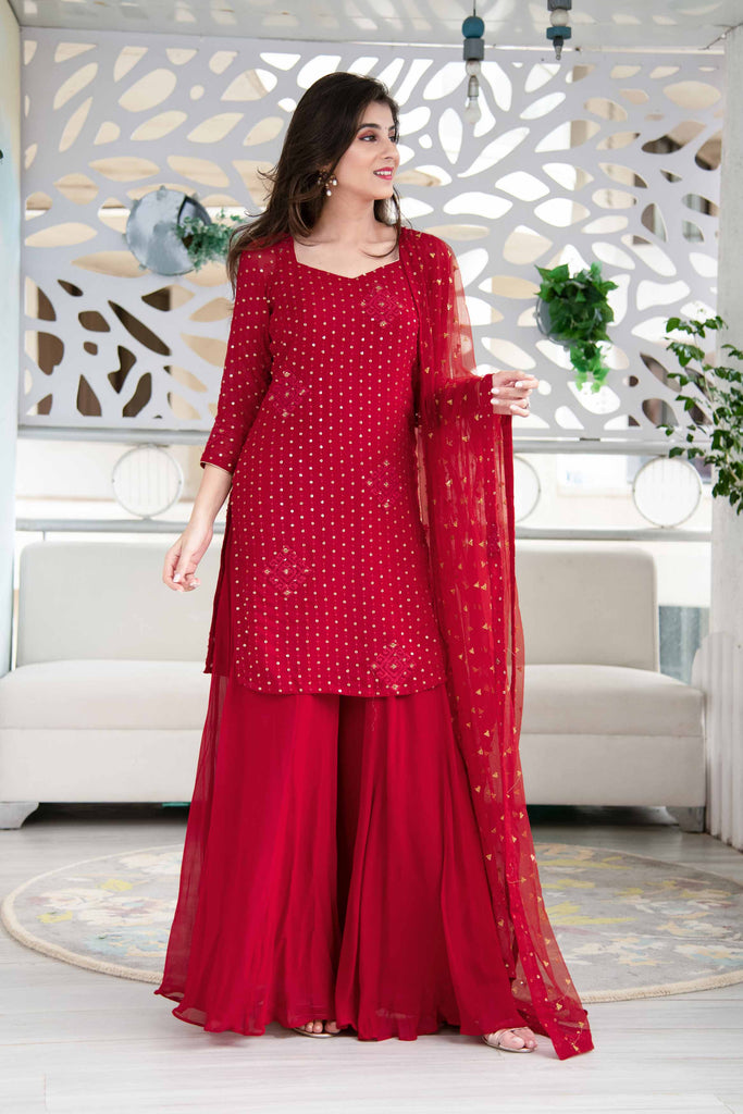 Women's Red Georgette Palazzo Suit Set With Net Dupatta (3 Pc Set)