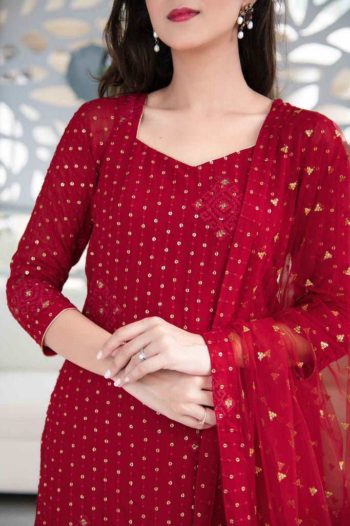 Women's Red Georgette Palazzo Suit Set With Net Dupatta (3 Pc Set)