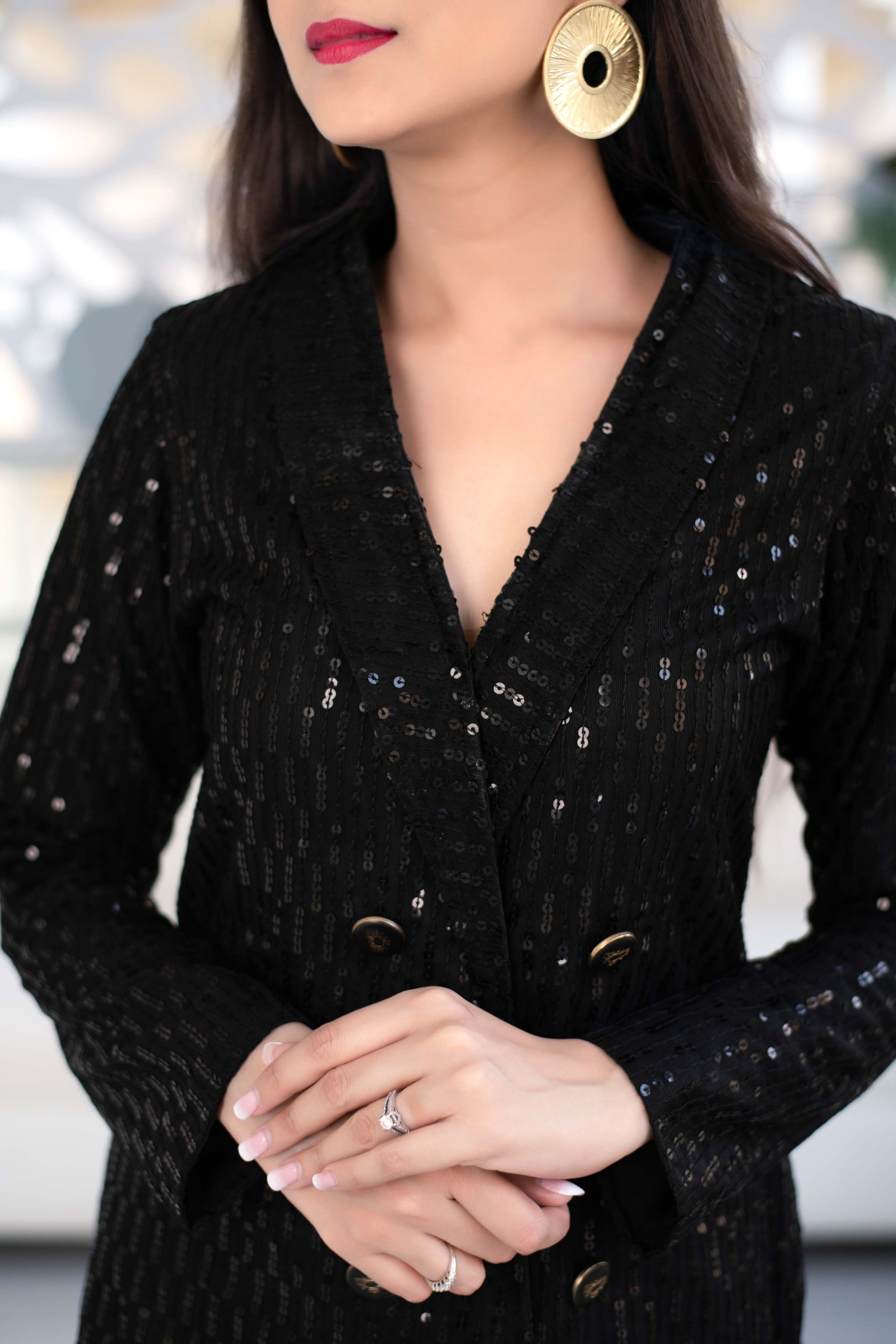 Women's Black Sequin Work Blazer Dress - Label Shaurya Sanadhya
