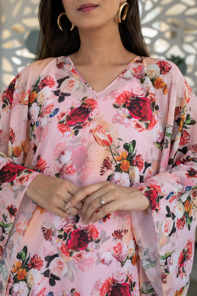 Women's Peach Floral Kaftan With Slip (1pc)