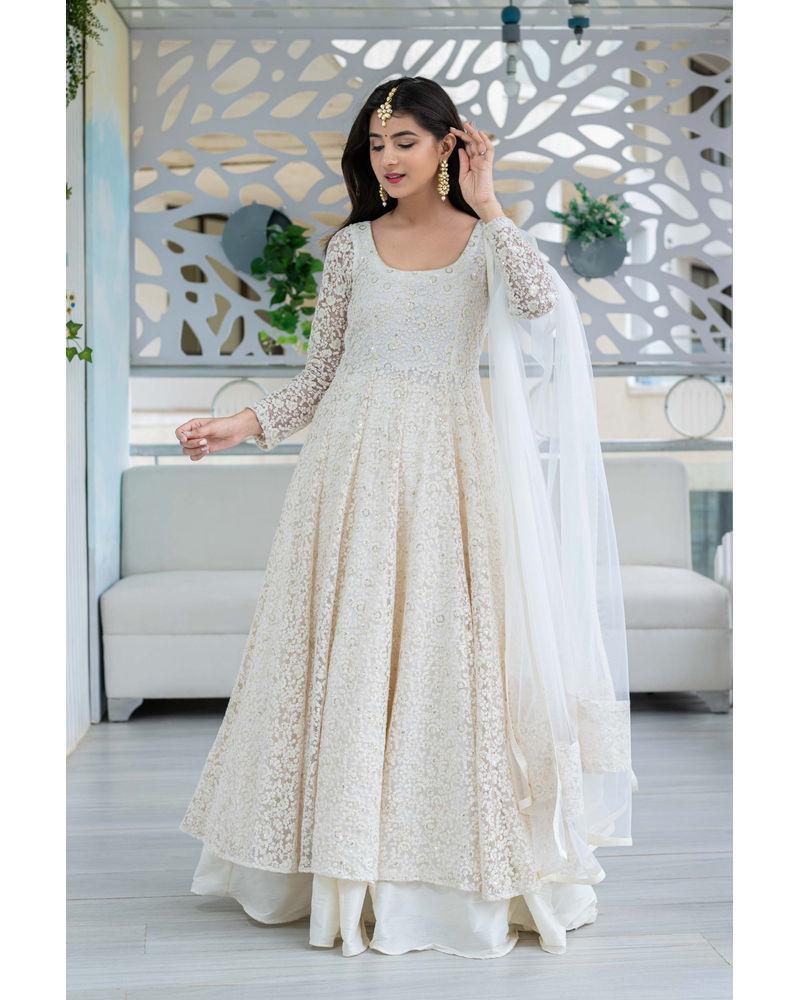 Buy Women's White Thread Anarkali with Chanderi Skirt Set of 3 - Label Shaurya Sandhya | Trendia S | Trendia Global Buy Women's White Thread Anarkali with Chanderi Skirt Set of 3 - Label Shaurya Sandhya | Trendia S | Trendia Global