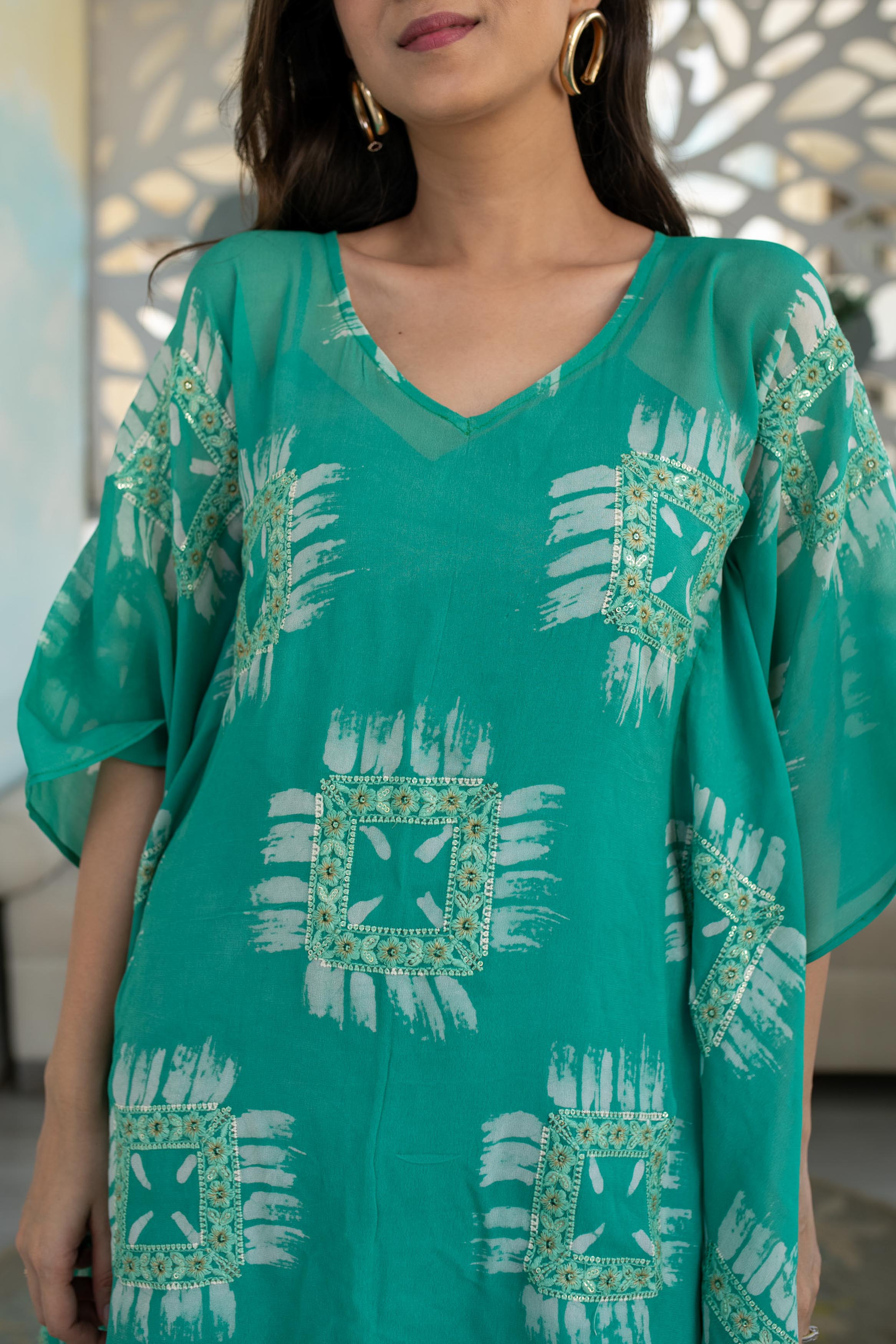 Women's Sea Green Thread And Sequin Work Kaftan (1pc) - Label Shaurya Sanadhya