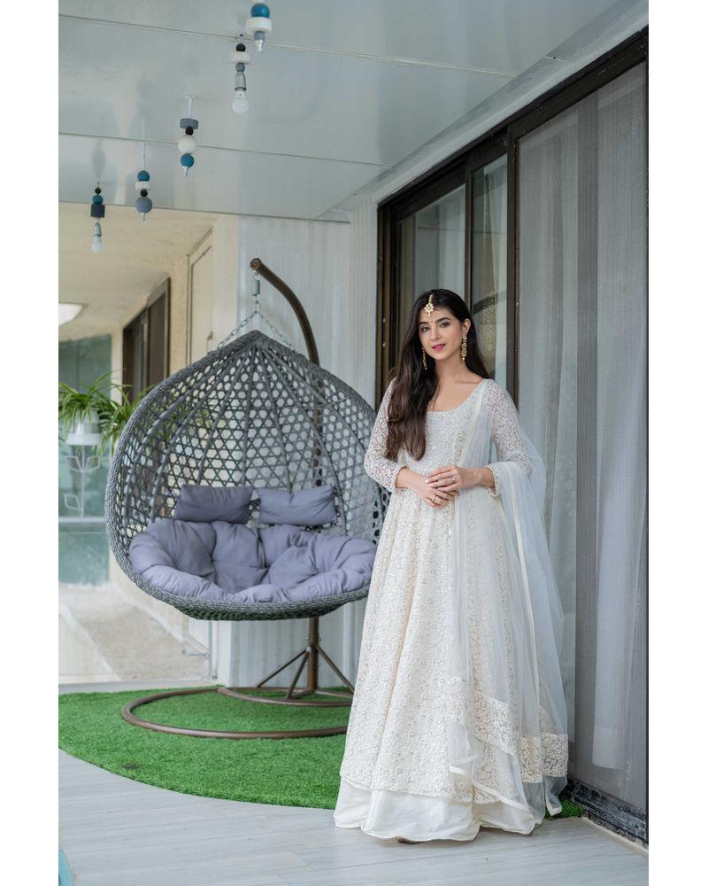 Women's White Anarkali suit set with Skirt & Dupatta by Label Shaurya Sanadhya- (3pcs set)