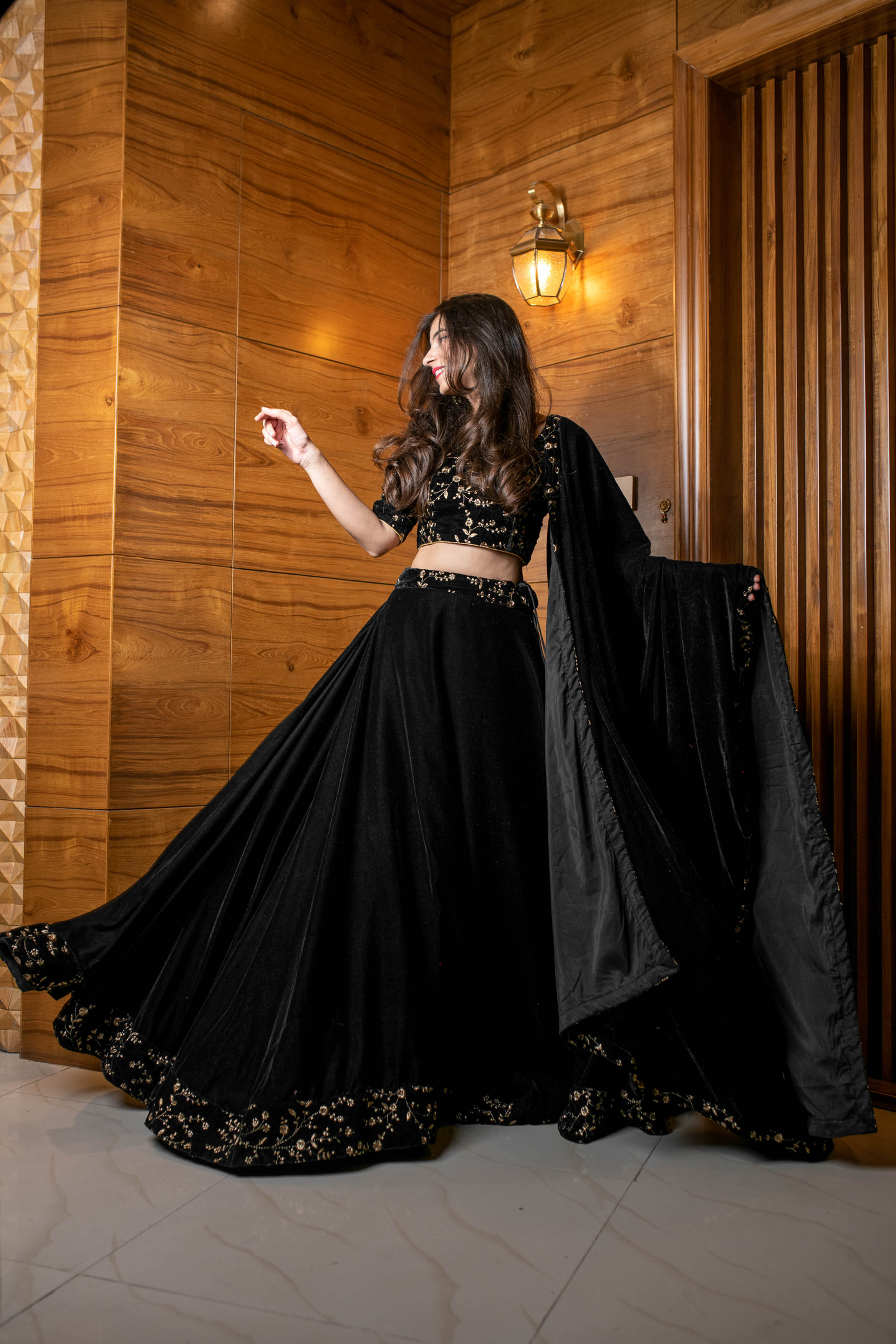 Women's Black Sequin and Zari Work Velvet Lehenga - Label Shaurya Sanadhya