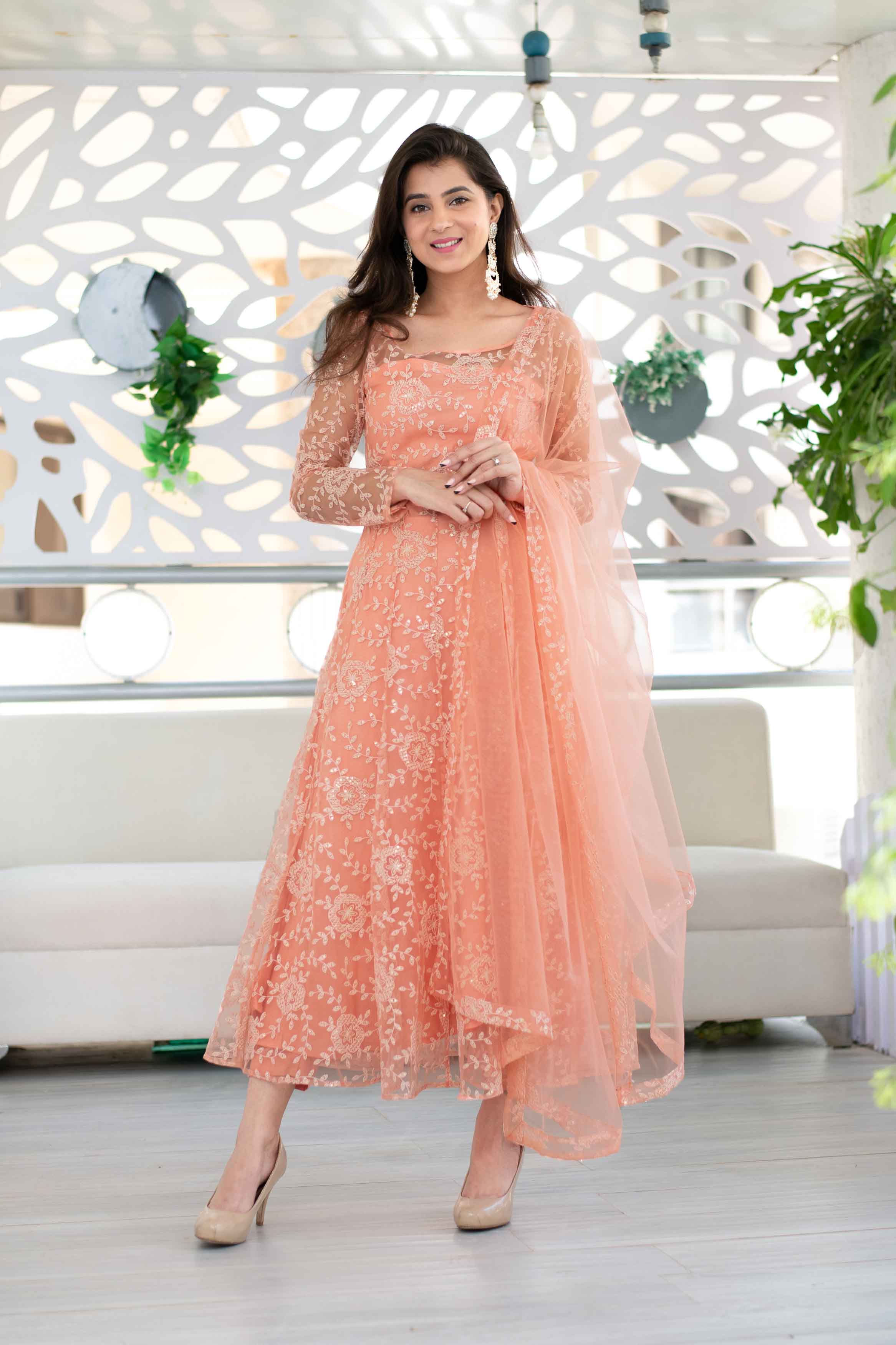 Soft Peach Heavy Designer Foil Mirror Work Anarkali Gown Suit - Indian  Heavy Anarkali Lehenga Gowns Sharara Sarees Pakistani Dresses in  USA/UK/Canada/UAE - IndiaBoulevard