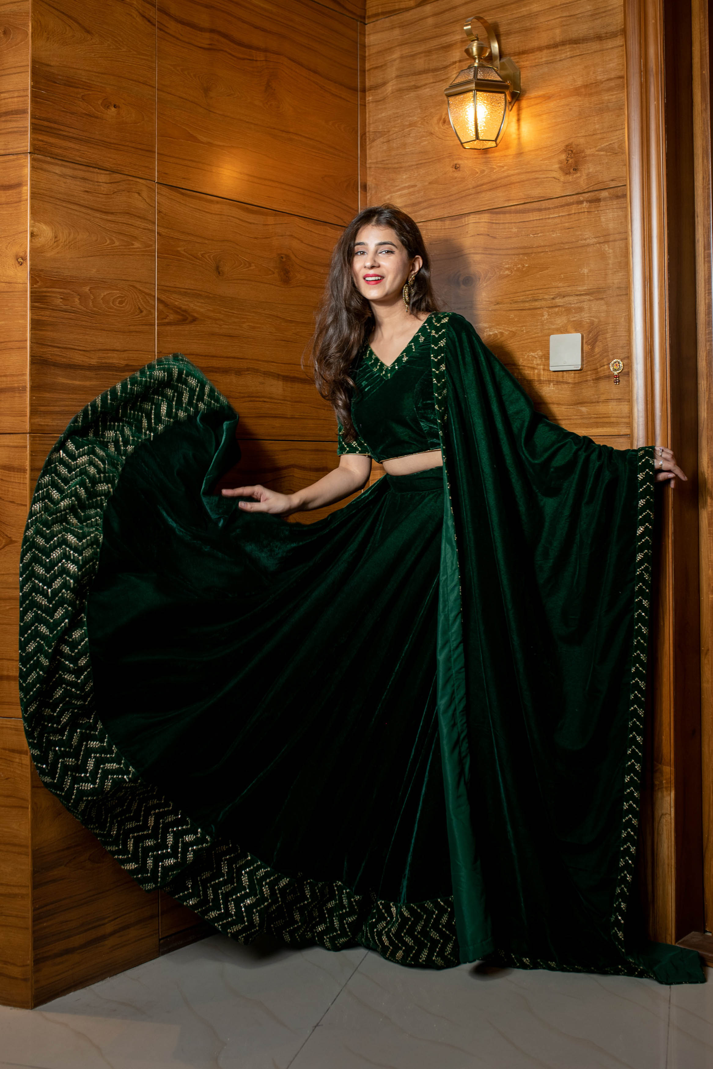 Women's Bottle Green Sequin And Zari Work Velvet Lehenga - Label Shaurya Sanadhya