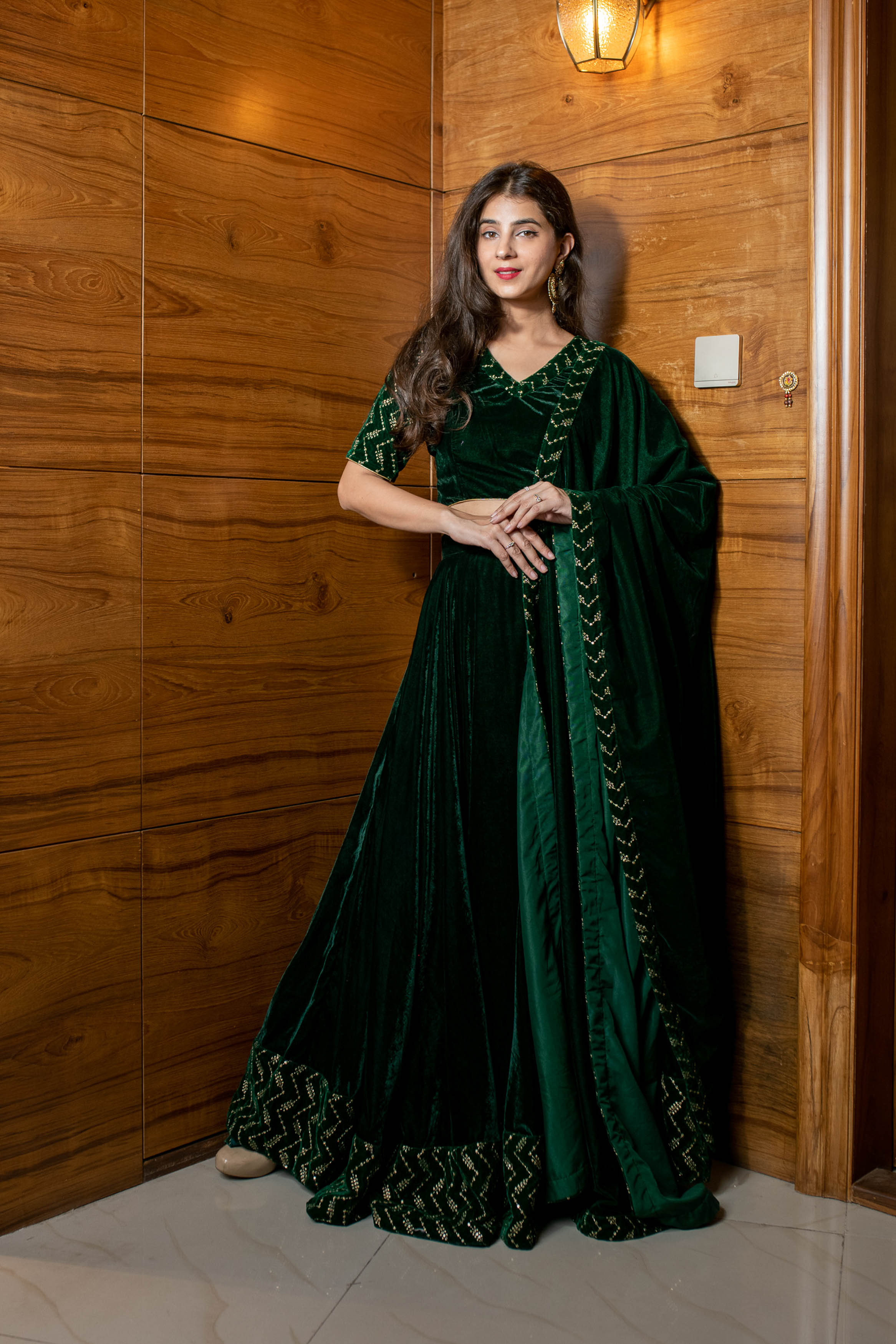 Women's Bottle Green Sequin And Zari Work Velvet Lehenga - Label Shaurya Sanadhya