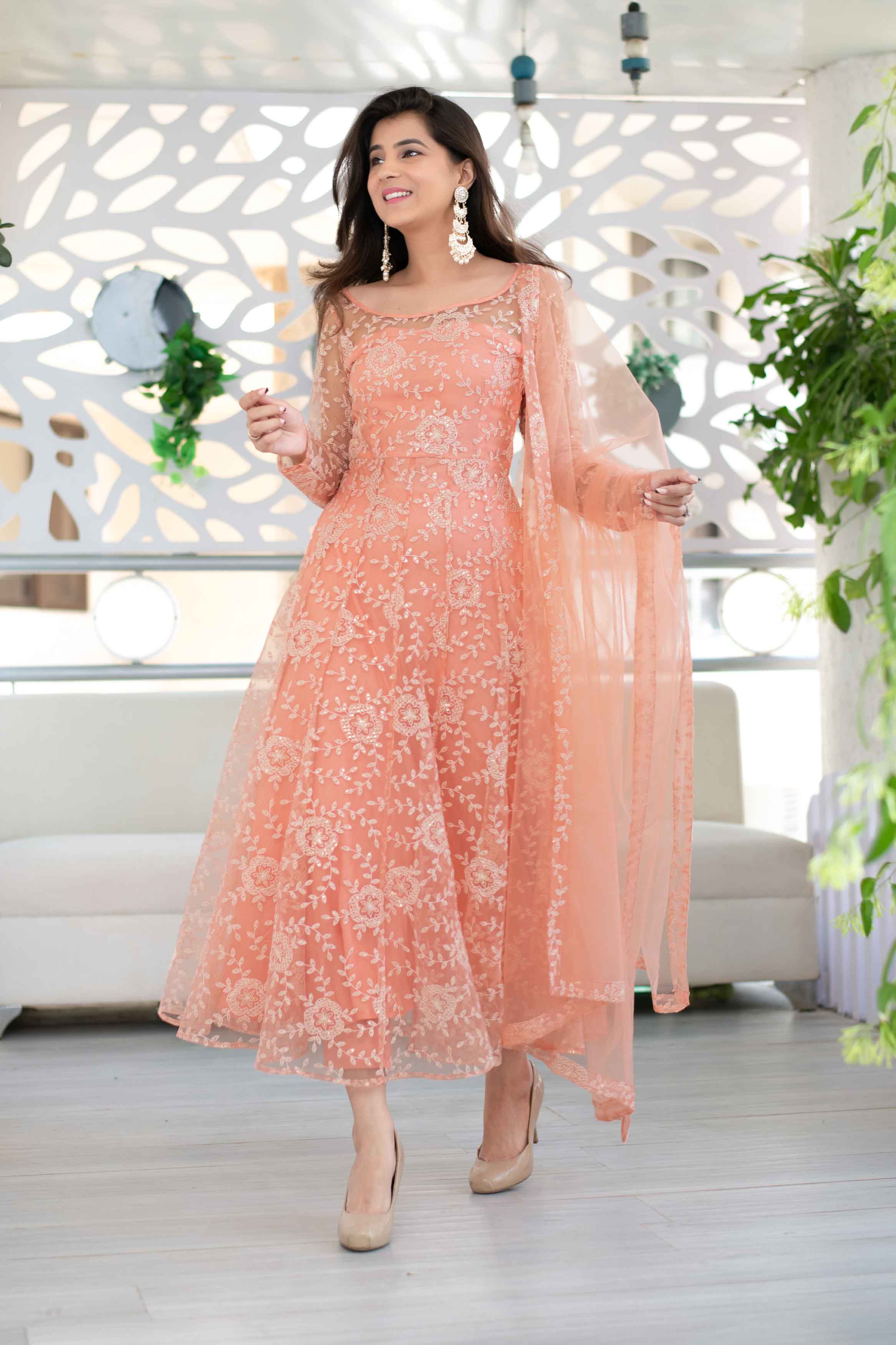Buy Women's Peach Thread Work Anarkali Set Label Shaurya Sandhya
