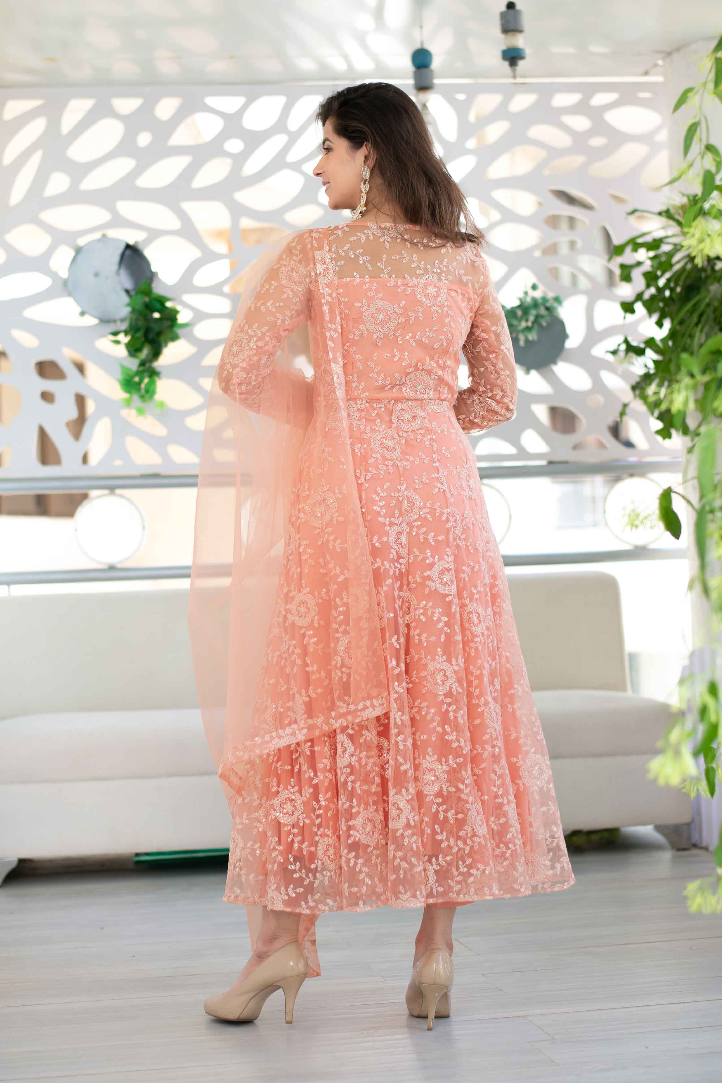 Women's Peach Heavy Thread Work Anarkali Suit Set With Net Dupatta (3 Pc Set) - Label Shaurya Sanadhya