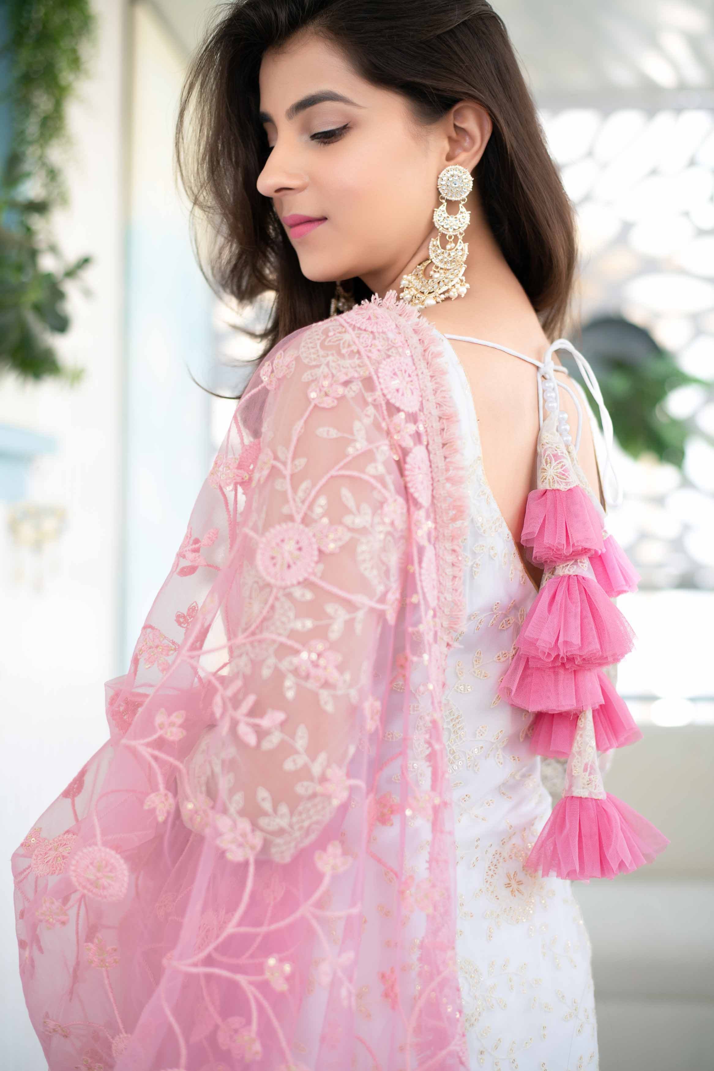 Women's White Palazzo Suit Set With Heavy Thread Work Pink Dupatta (3pcs Set) - Label Shaurya Sanadhya