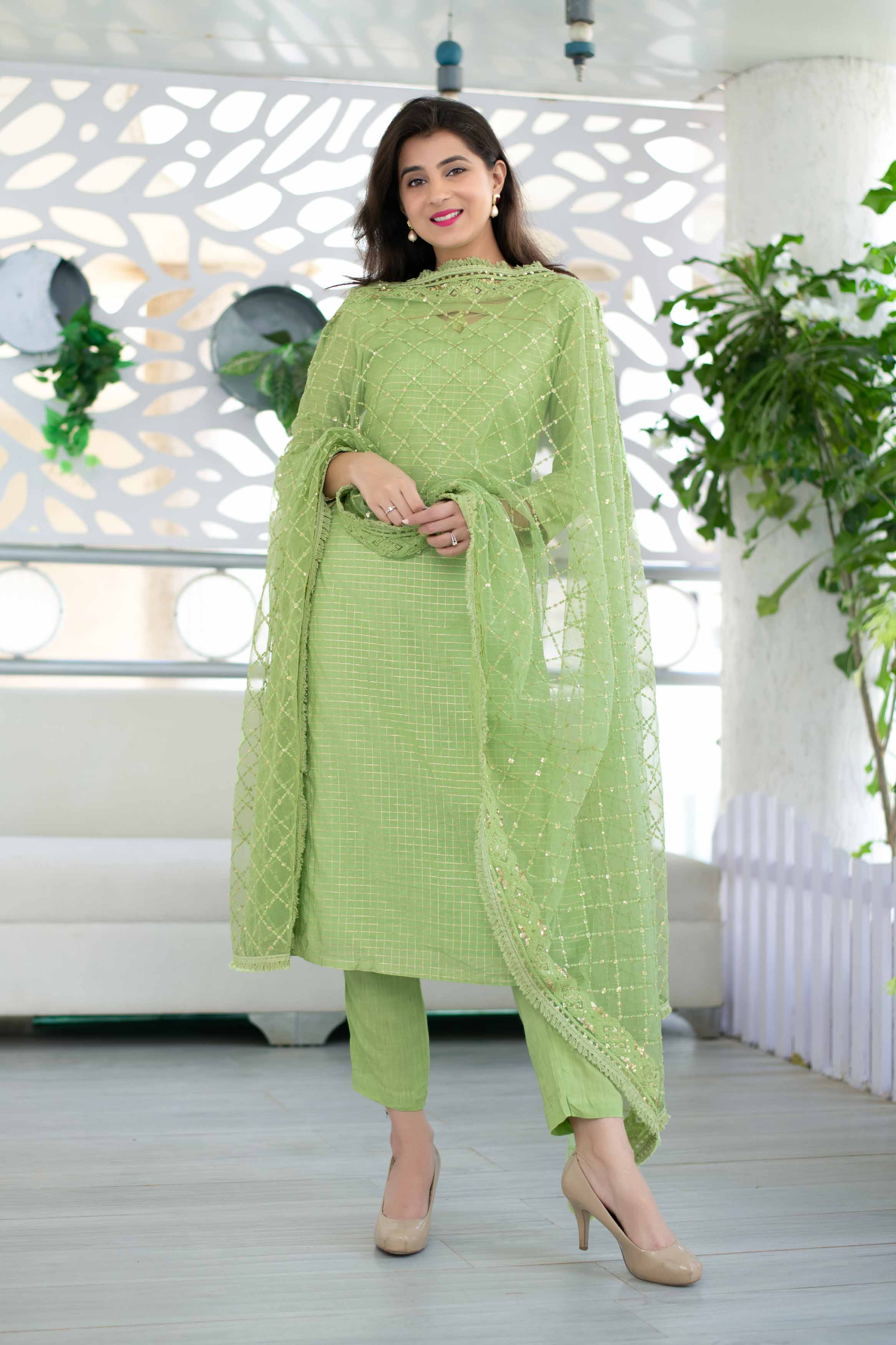 Women's Light Green Chanderi Suit Set With Heavy Net Dupatta (3-Piece Set)