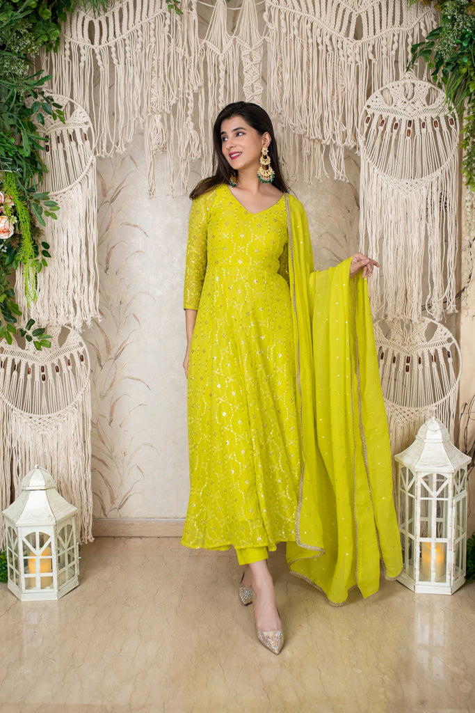 Women's Lime Green Embroidery Anarkali Set (3pc Set)