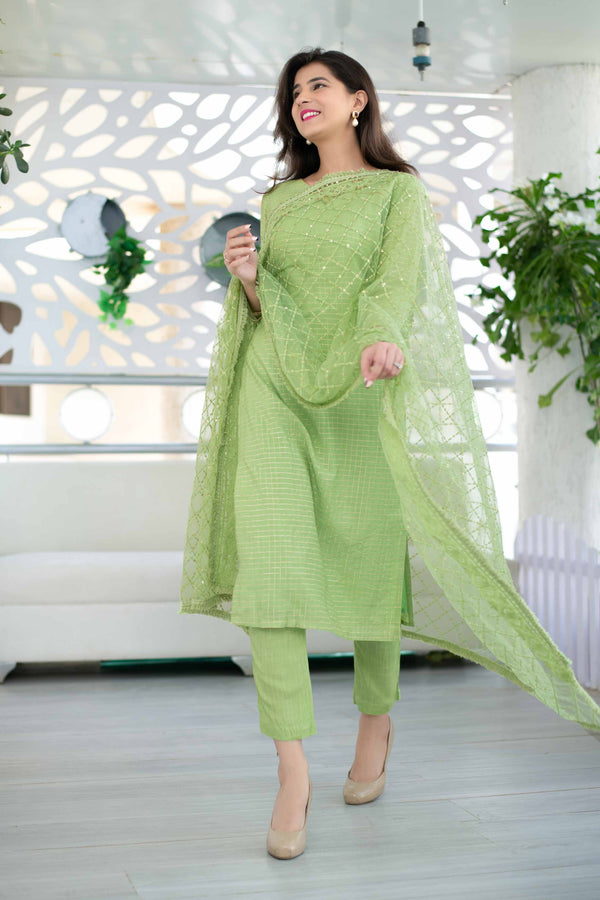 Women's Light Green Chanderi Suit Set With Heavy Net Dupatta (3-Piece Set)