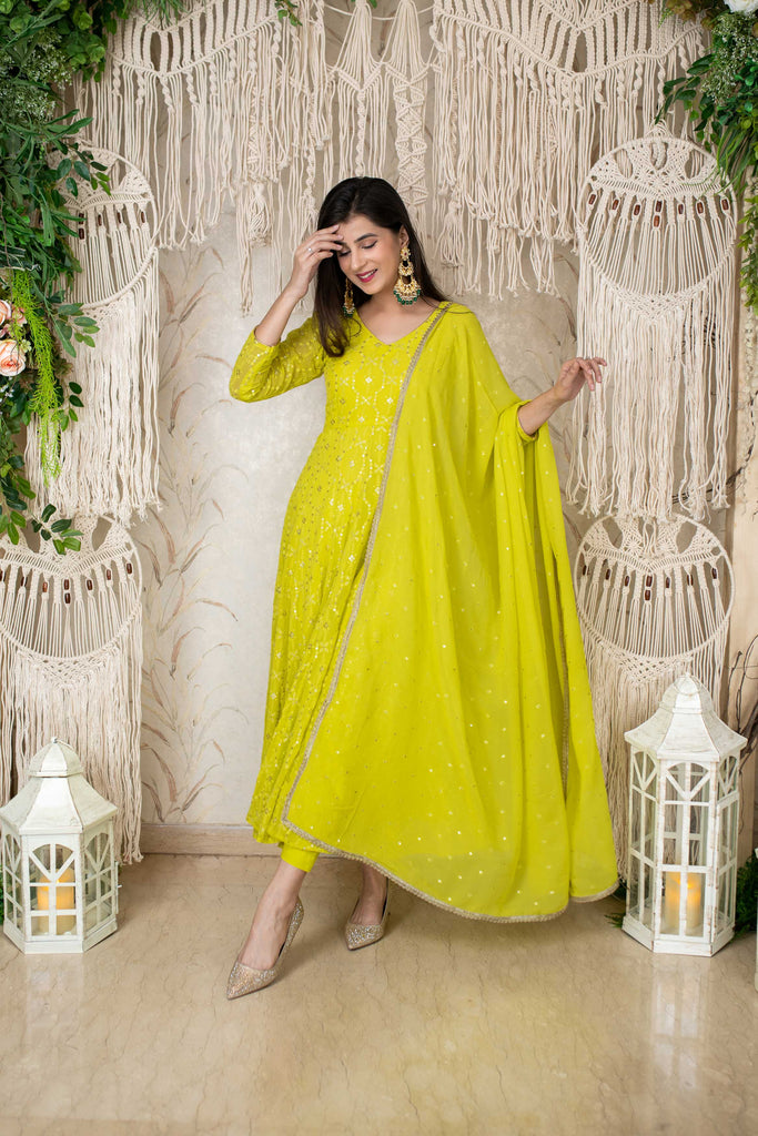 Women's Lime Green Embroidery Anarkali Set (3pc Set)