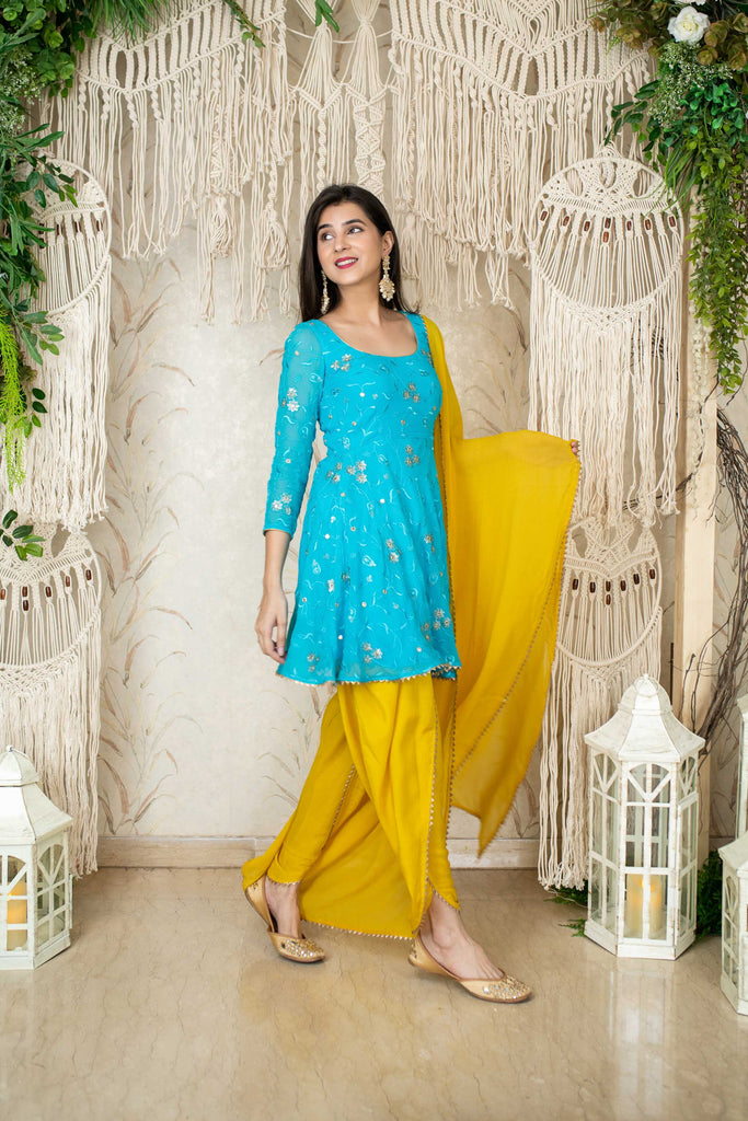 Women's Turquoise Yellow Tulip Dhoti (3pc Set)