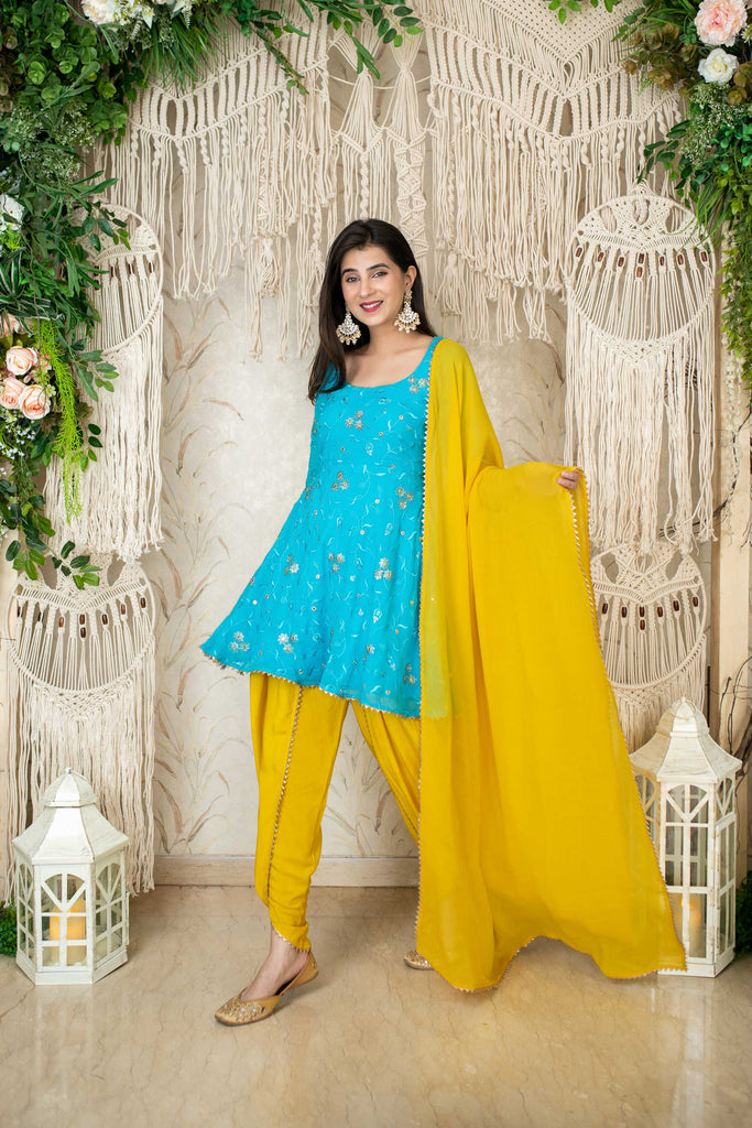 Women's Turquoise Yellow Tulip Dhoti (3pc Set)