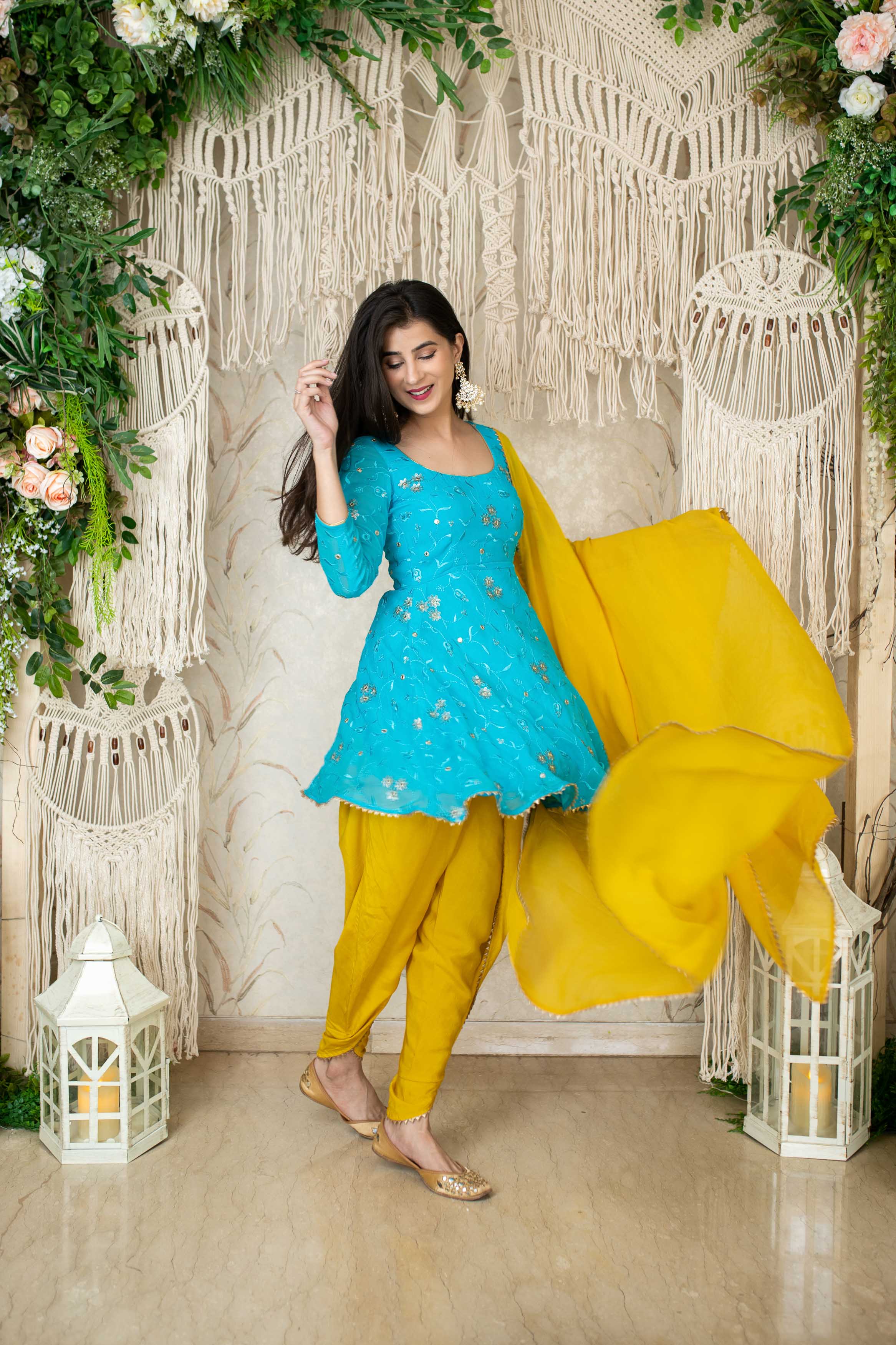 Women's Turquoise Yellow Tulip Dhoti (3pc Set)