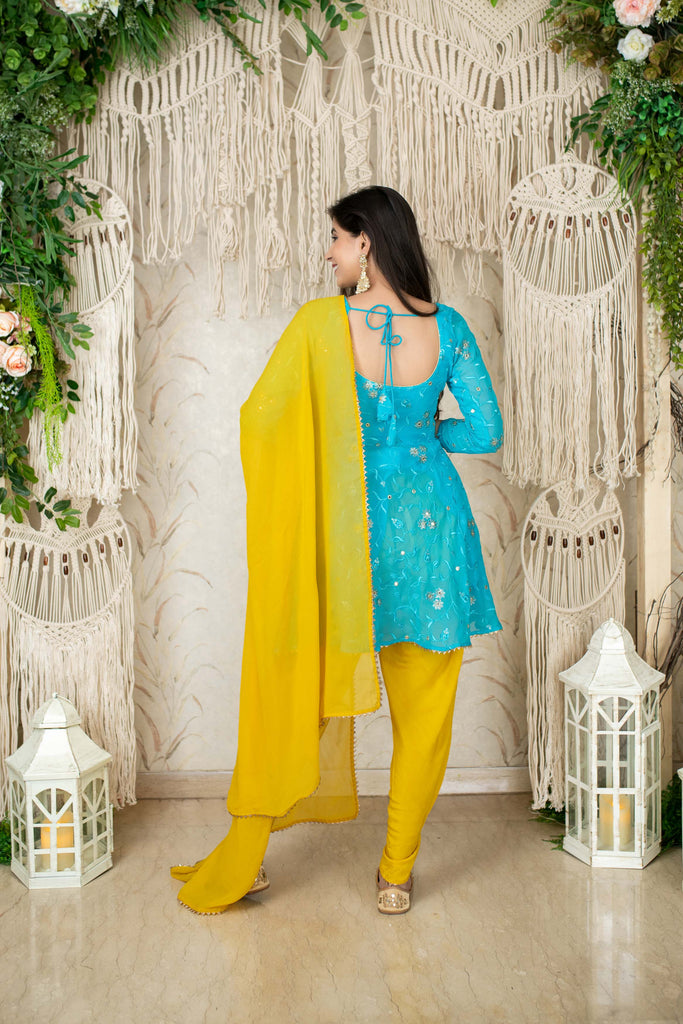 Women's Turquoise Yellow Tulip Dhoti (3pc Set)