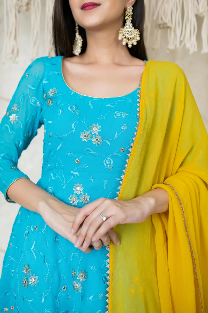 Women's Turquoise Yellow Tulip Dhoti (3pc Set)