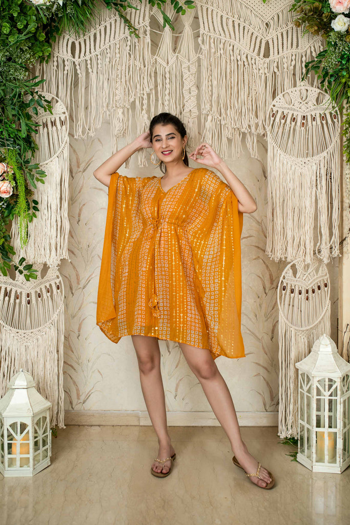 Women's Mustard Thread Work And Sequin Kaftan (1pc)