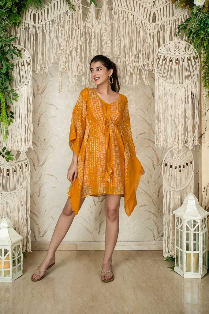 Women's Mustard Thread Work And Sequin Kaftan (1pc)