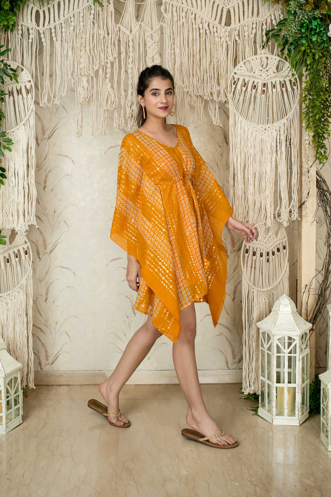Women's Mustard Thread Work And Sequin Kaftan (1pc)