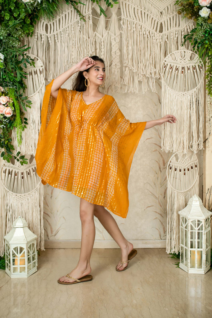 Women's Mustard Thread Work And Sequin Kaftan (1pc)