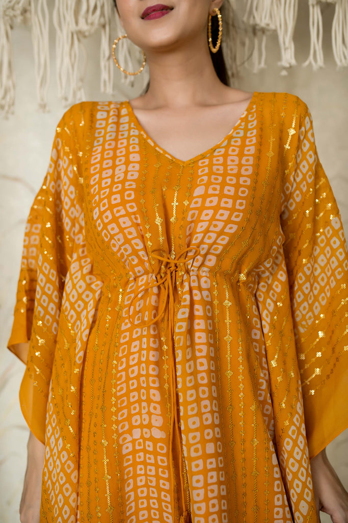 Women's Mustard Thread Work And Sequin Kaftan (1pc)