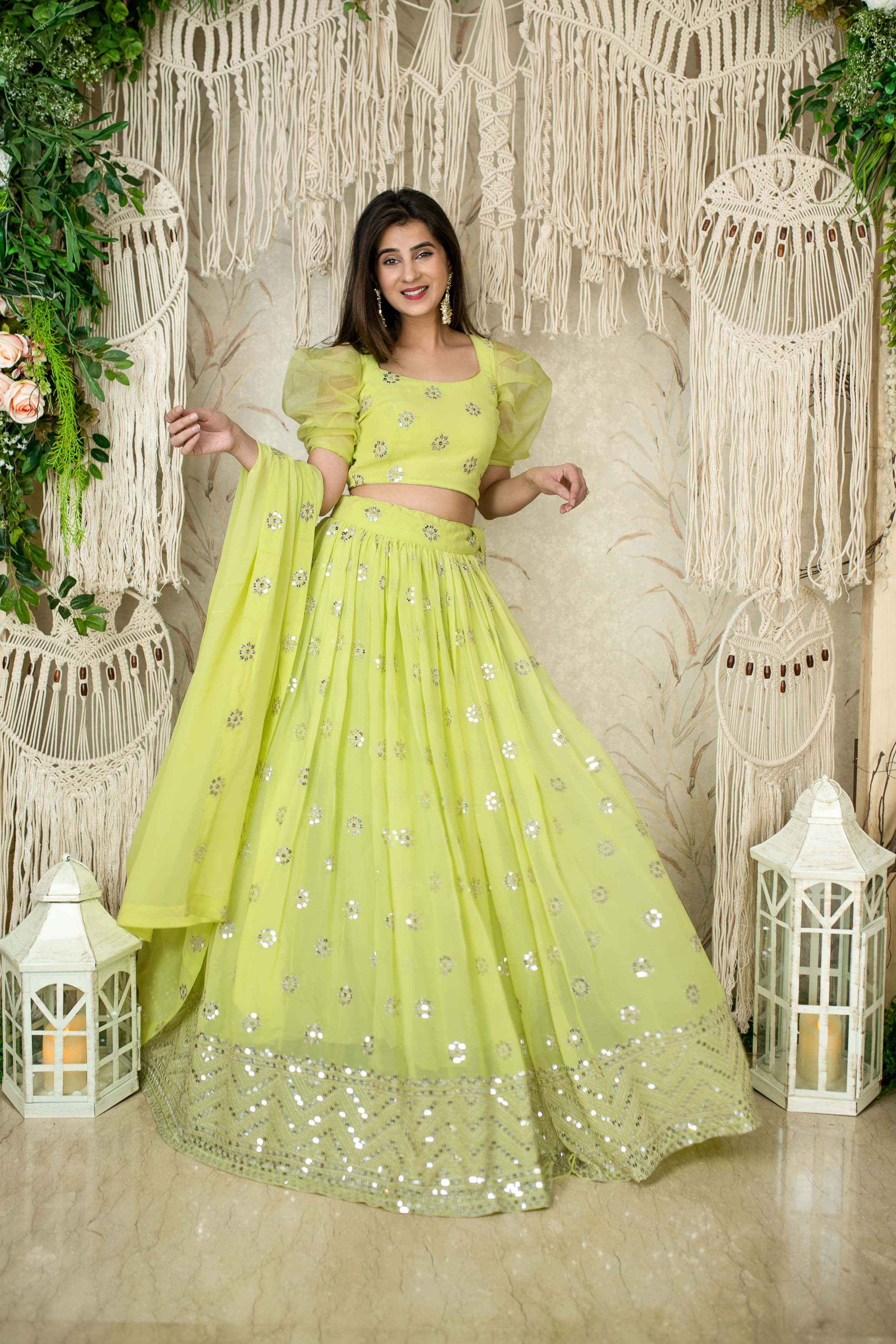 Mid Green Velvet Lehenga Choli Wedding Wear Lengha Sari Golden Zari Sequin  Dress | eBay