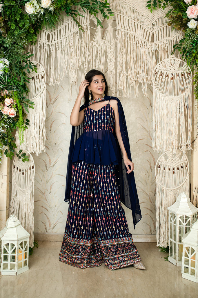 Women's Blue Paplum Thread Work Pallazo