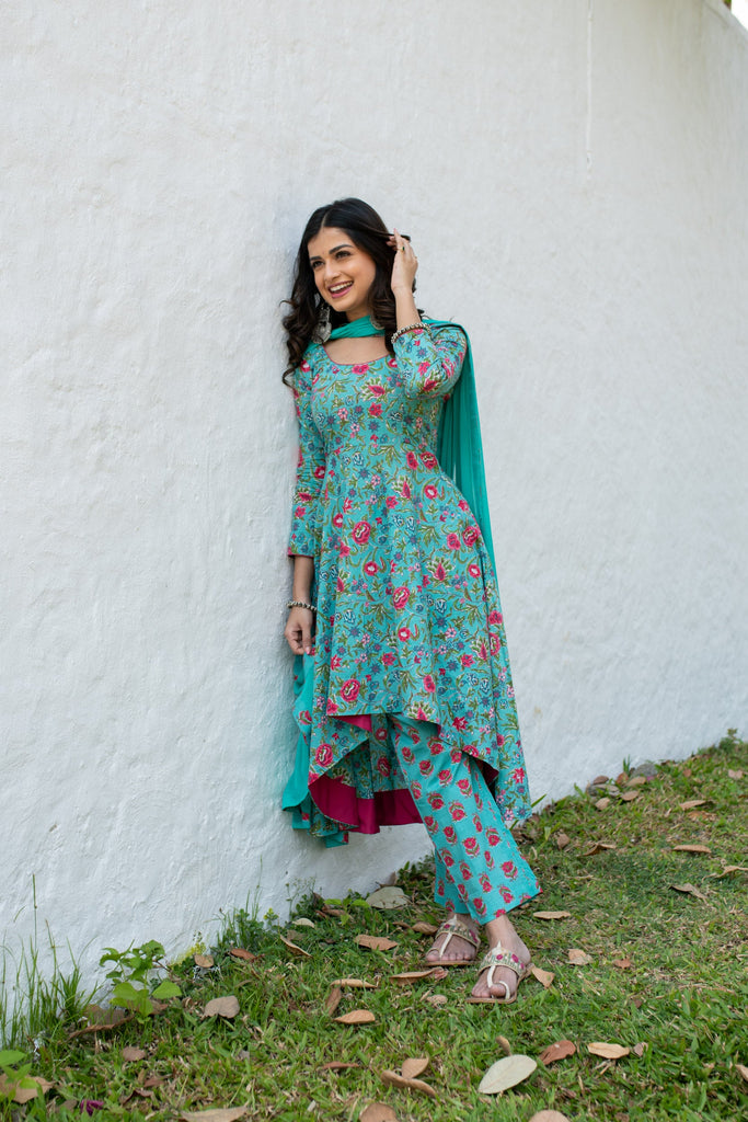 Women's Sea Green Floral Cotton Kurta Set
