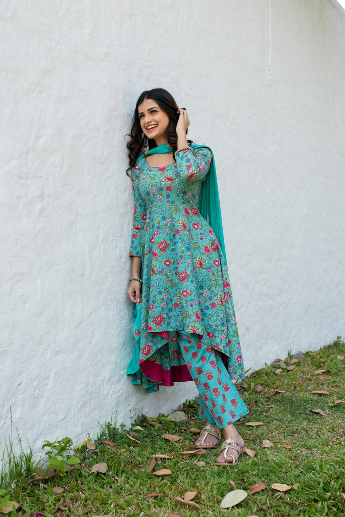 Women's Sea Green Floral Cotton Kurta Set