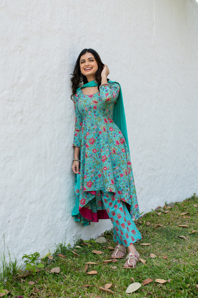 Women's Sea Green Floral Cotton Kurta Set