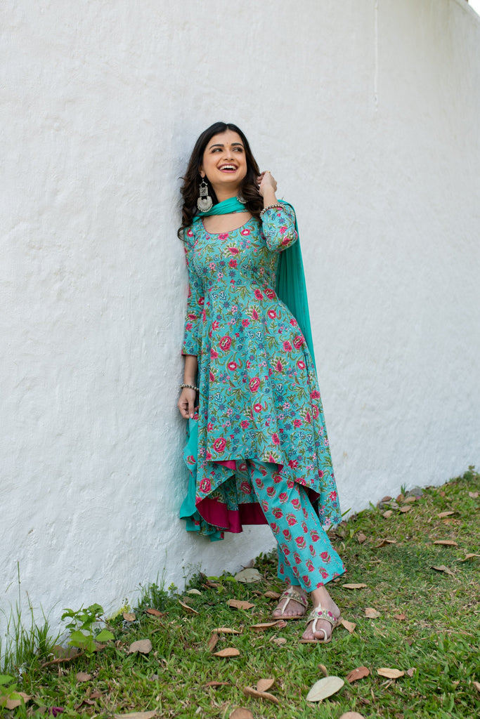 Women's Sea Green Floral Cotton Kurta Set