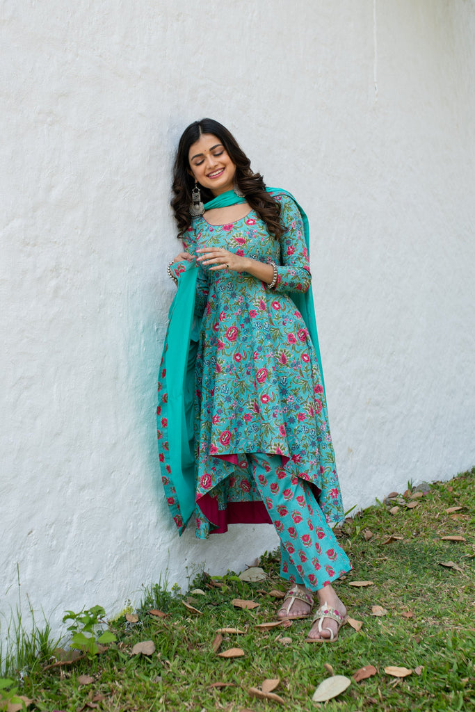 Women's Sea Green Floral Cotton Kurta Set