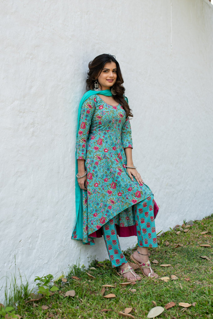 Women's Sea Green Floral Cotton Kurta Set