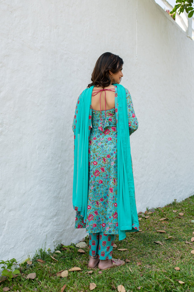 Women's Sea Green Floral Cotton Kurta Set