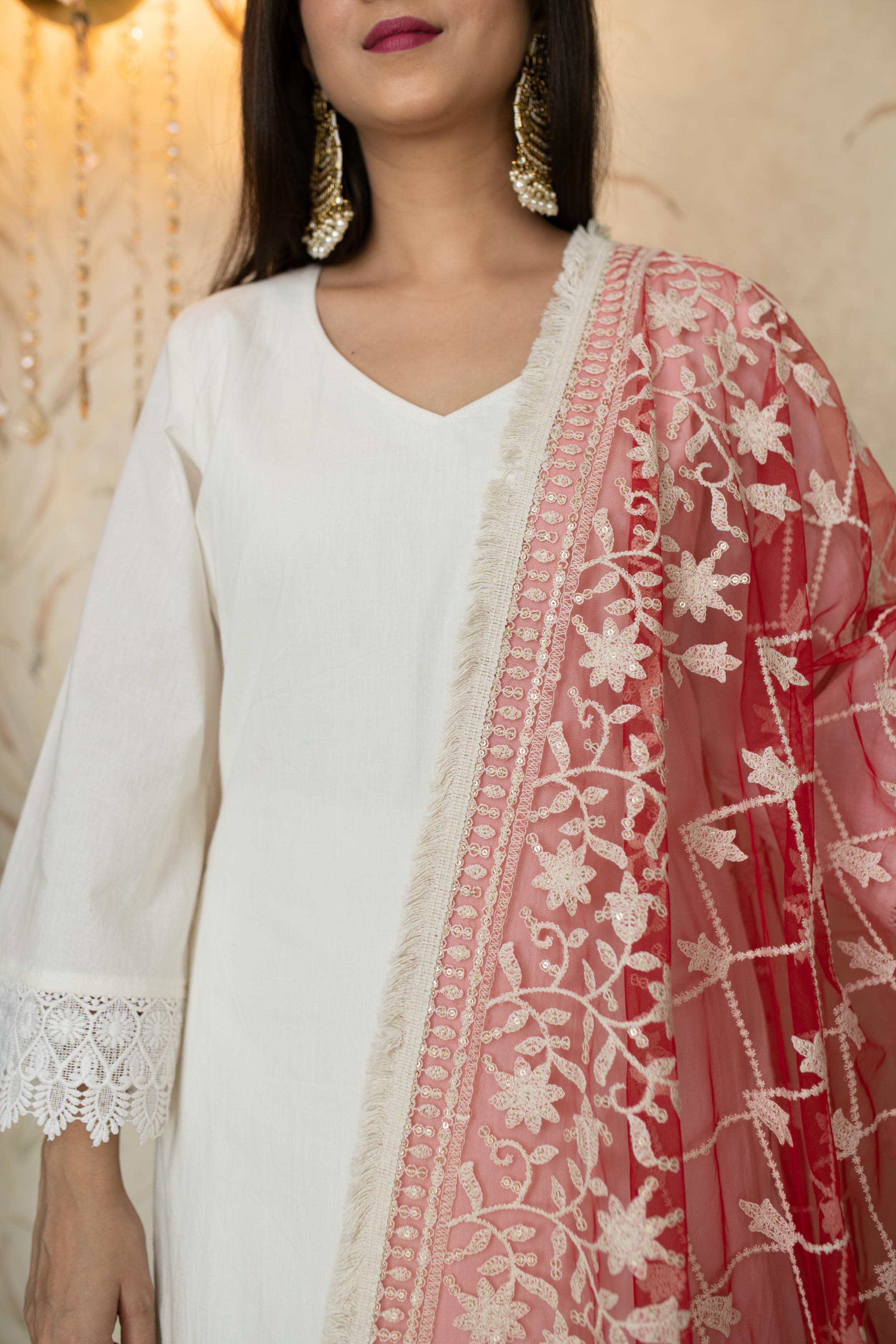 Women's White Kurta With Red Thread Work Dupatta - Label Shaurya Sanadhya