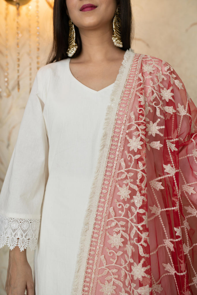 Women's White Kurta With Red Thread Work Dupatta
