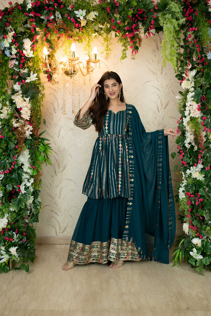 Women's Teal Blue Peplum Kurta With Sharara