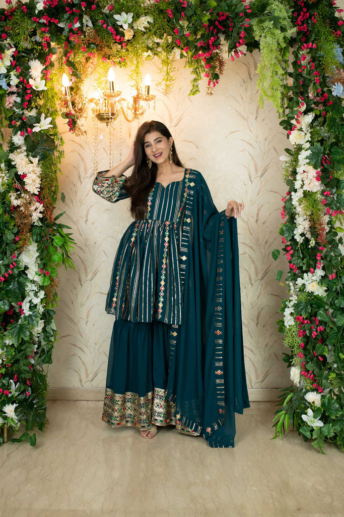 Women's Teal Blue Peplum Kurta With Sharara