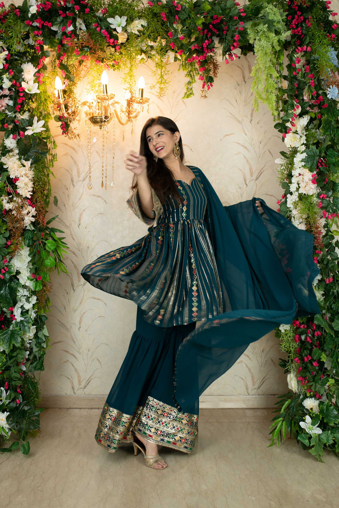 Women's Teal Blue Peplum Kurta With Sharara