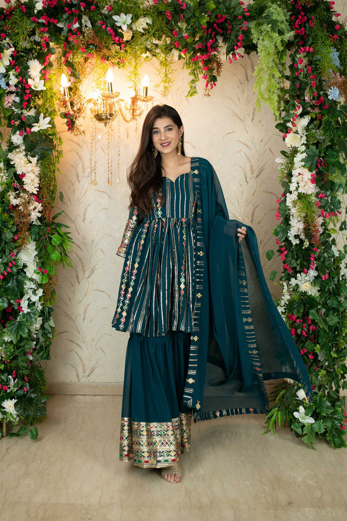 Women's Teal Blue Peplum Kurta With Sharara