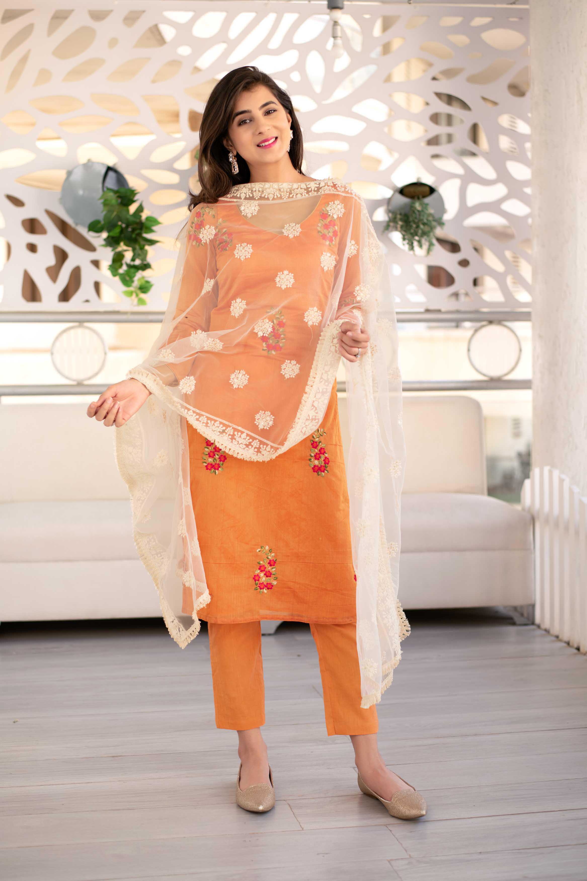 Women's Orange Kurta Set & White Dupatta by Label Shaurya Sanadhya- (3pcs set)