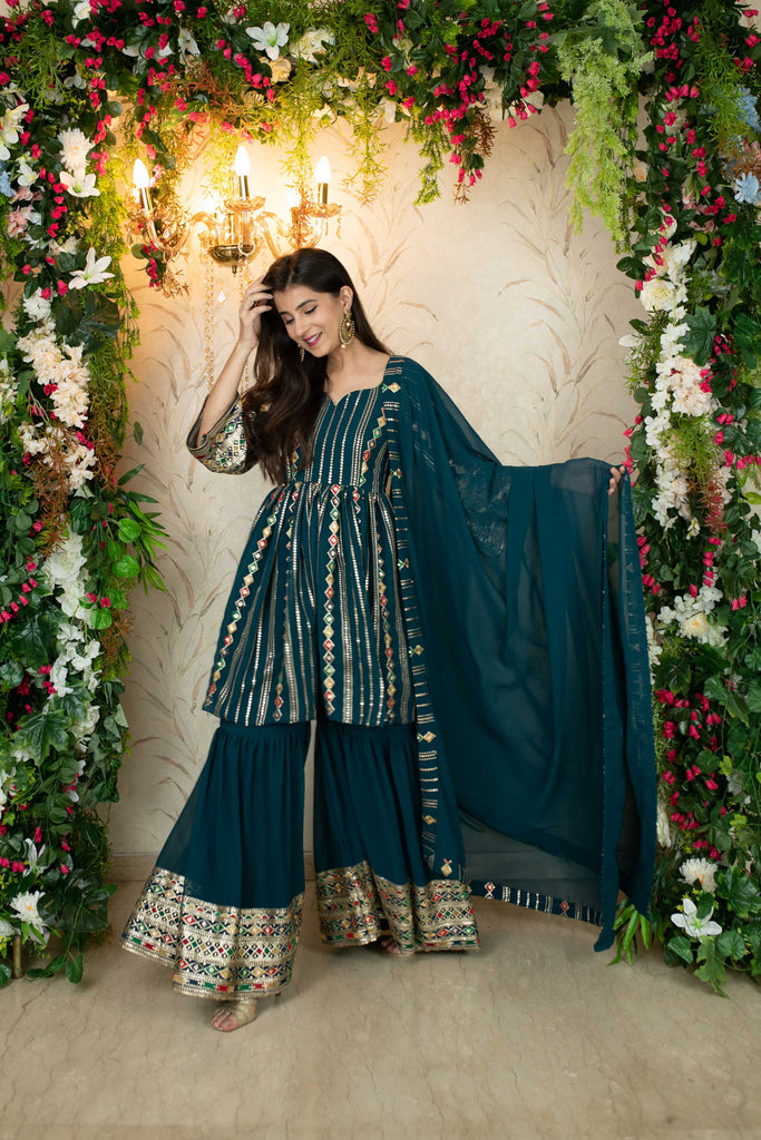 Women's Teal Blue Peplum Kurta With Sharara