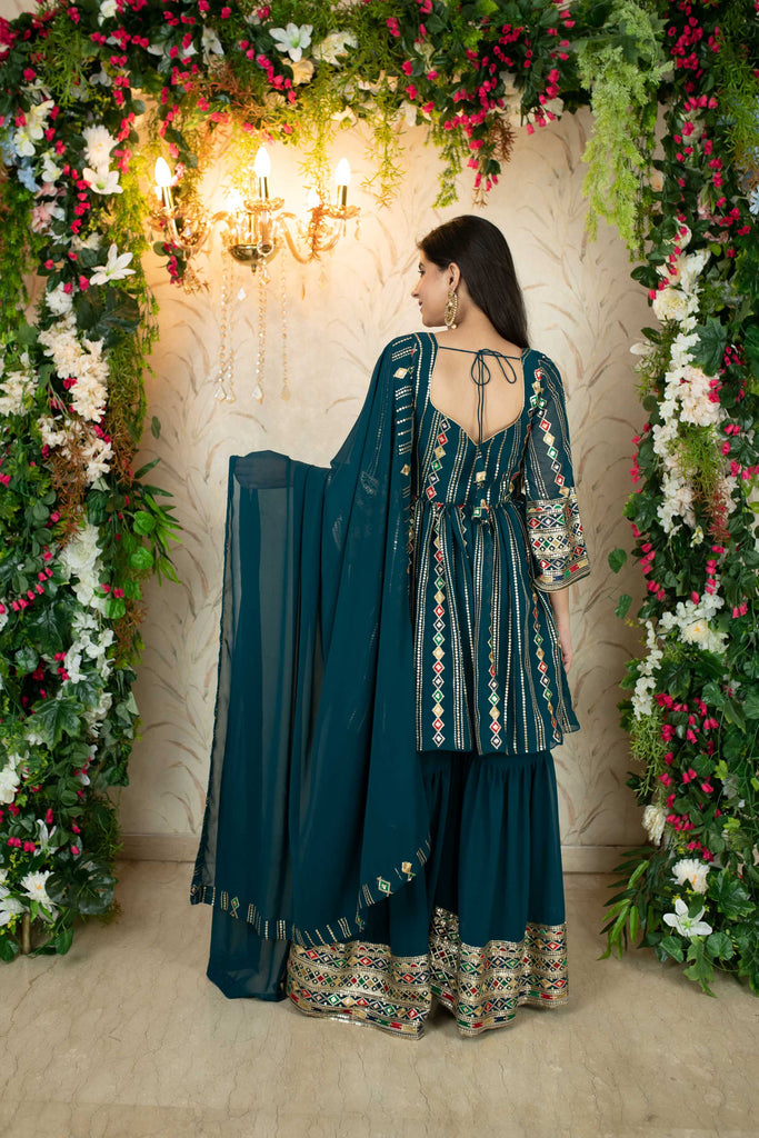 Women's Teal Blue Peplum Kurta With Sharara