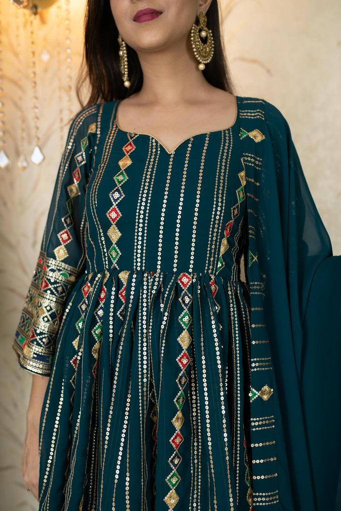 Women's Teal Blue Peplum Kurta With Sharara